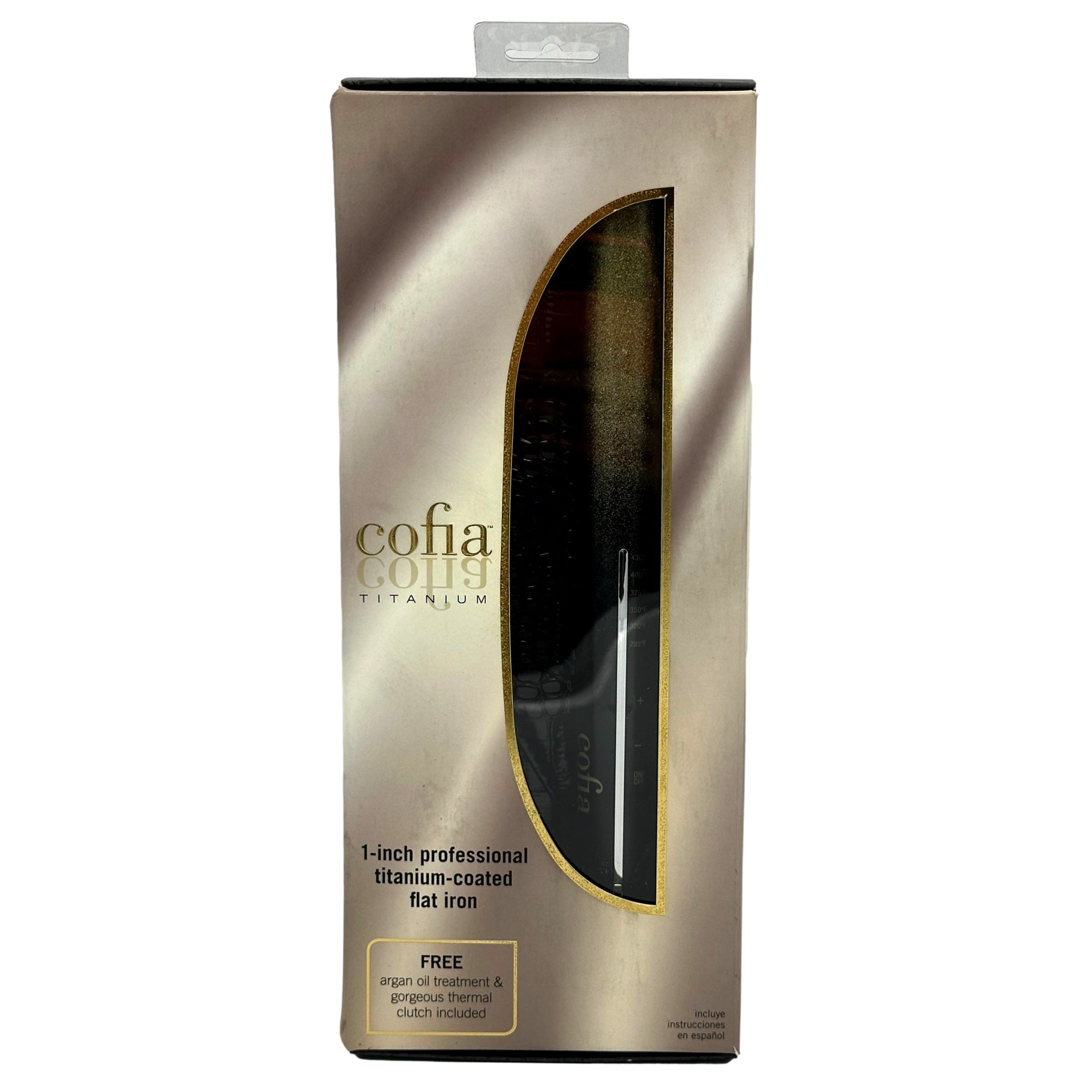 Box for a Cofia titanium-coated flat iron, featuring a cutaway view of the black device, gold accents, and text promoting free argan oil treatment.